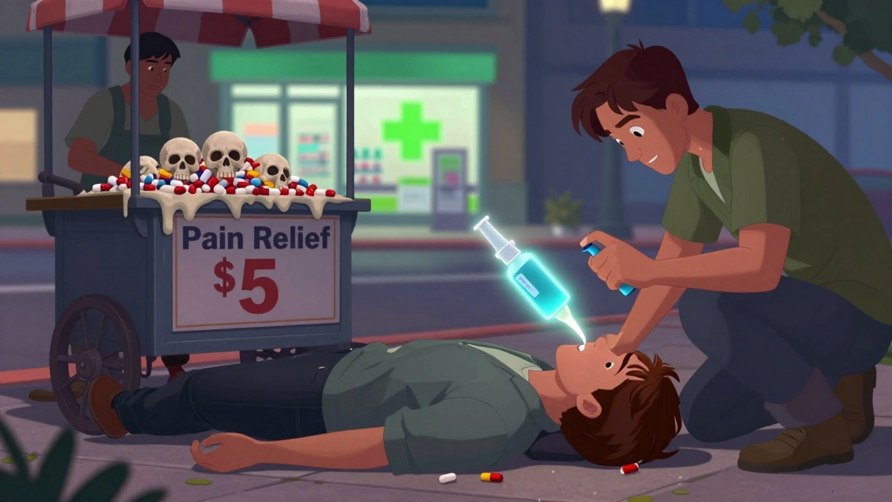 A young person collapses as a friend administers Narcan, with fake pills turning to skulls in the background.