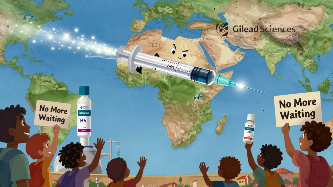 An anthropomorphized HIV injection syringe flying over Africa, delivering long-acting treatment to smiling villagers.