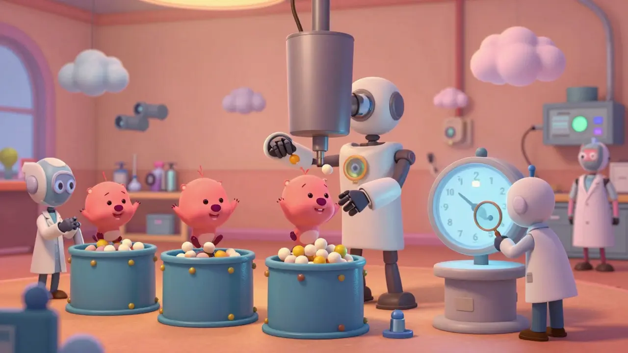 Animated assembly line with dancing granules and robots making pills in a clean lab.