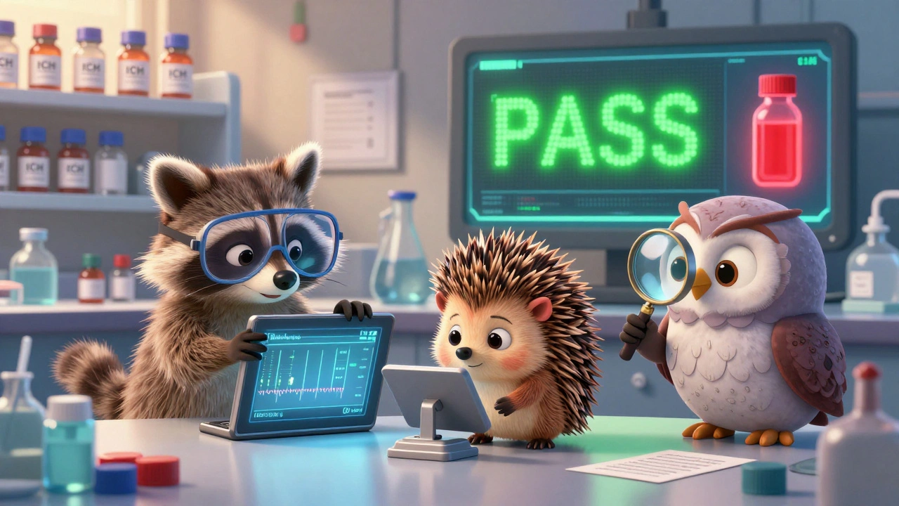 Anthropomorphic lab animals testing medicine in a bright, sunny lab with a green PASS signal on screen.