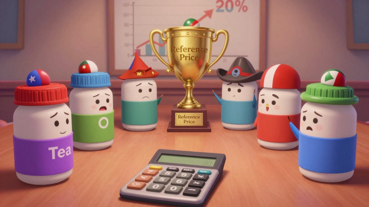 Anthropomorphic pill bottles at a table celebrating a reference price trophy with savings chart.