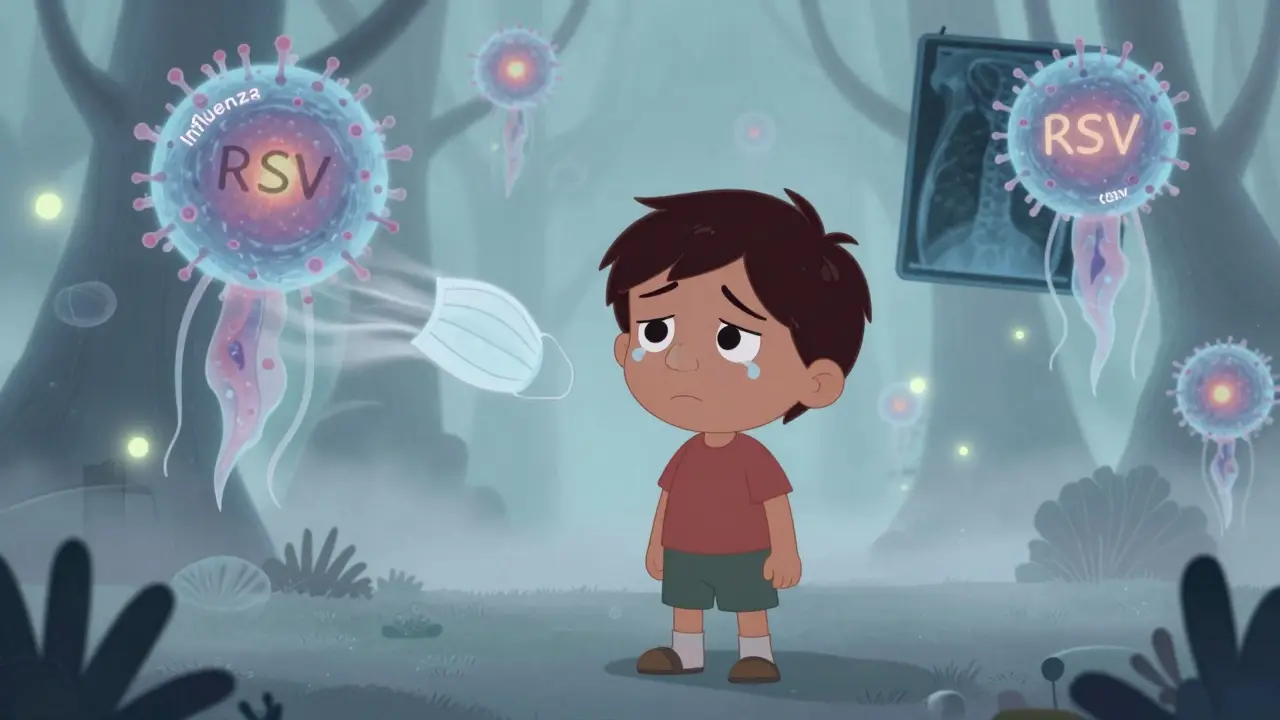 Child surrounded by floating virus particles in misty forest, cartoon illustration