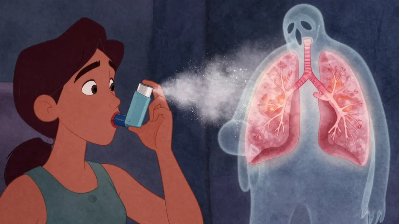 Dry powder from an inhaler scatters in the air as a lung deflates, showing improper use.