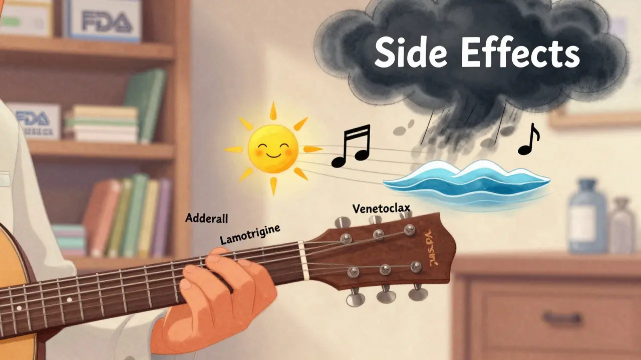 Gentle hands tuning a guitar where each string represents a medication, with side effect clouds fading as it's tuned.