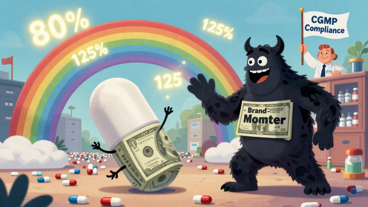 Heroic generic pill defeating a dollar bill monster with bioequivalence data bridge.