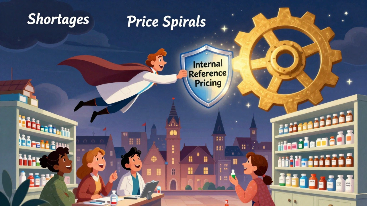 Heroic pharmacist flying over a city with shield blocking shortages, pharmacy shelves below.