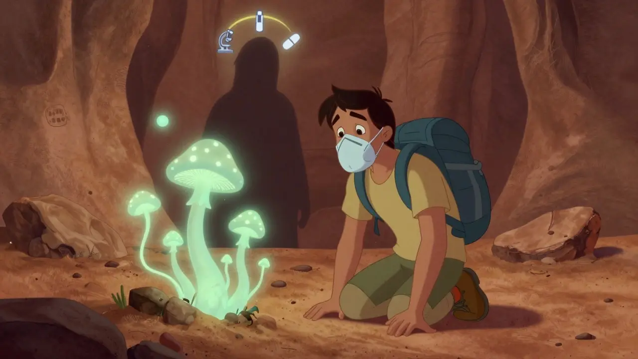 Hiker wearing mask near glowing fungal spores in desert, Disney-style art