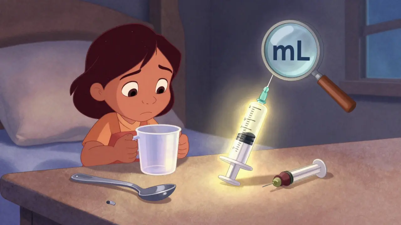 Parent confused by household spoons, with a glowing oral syringe as the correct choice.