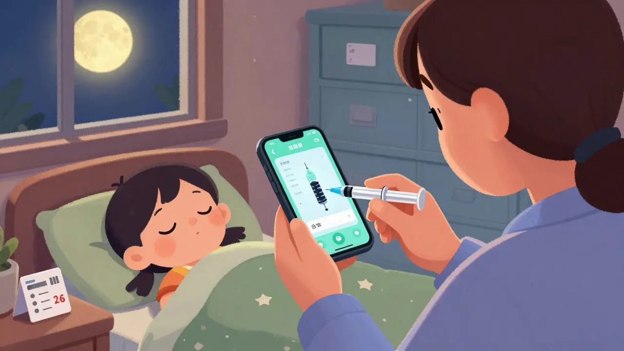 Parent using a phone app to measure medicine at night while child sleeps peacefully.