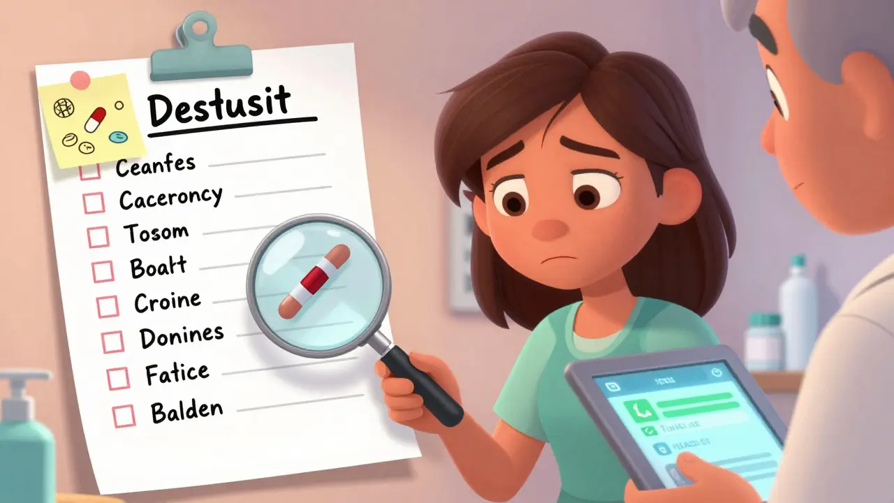 Patient comparing handwritten and hospital medication lists with a magnifying glass highlighting a mismatched drug.