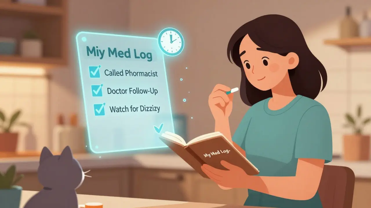 Patient journaling their meds at home with a glowing digital checklist and cat nearby, symbolizing post-discharge care.