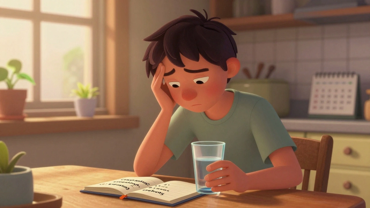 Person at kitchen table with water and symptom journal, morning light, managing side effects.