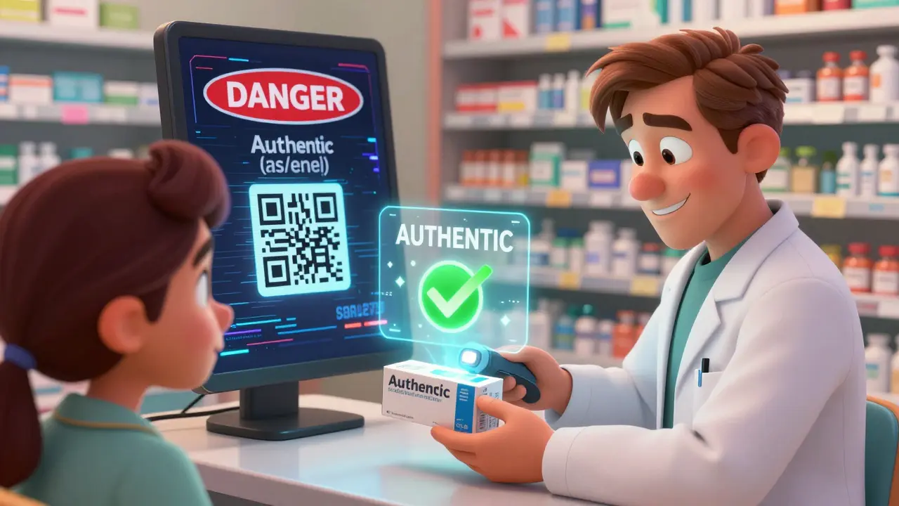 Pharmacist scanning a medicine box that displays a verified authenticity message, while a fake online ad glows dangerously in the background.