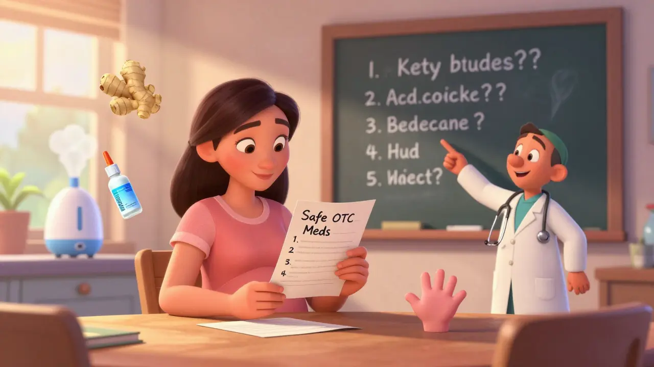 Pregnant woman with doctor, holding list of safe meds and key questions in sunny kitchen.
