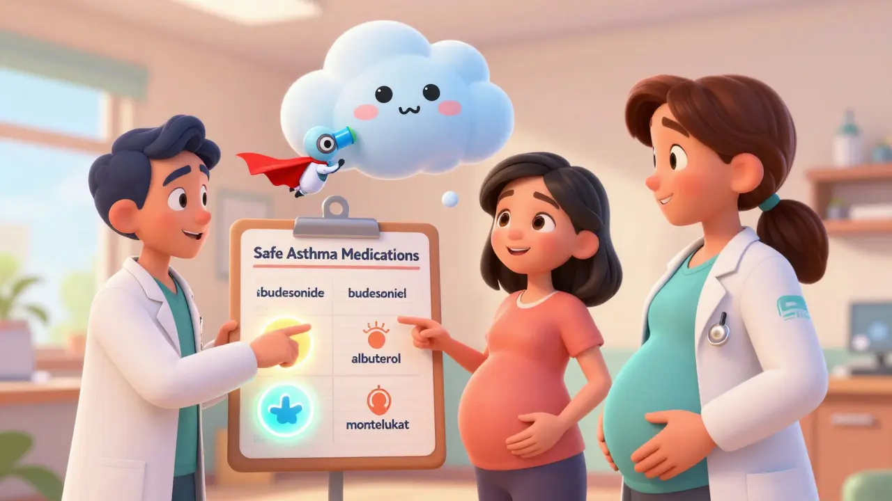 Pregnant woman with doctors reviewing a safe asthma medications chart in a cheerful clinic.