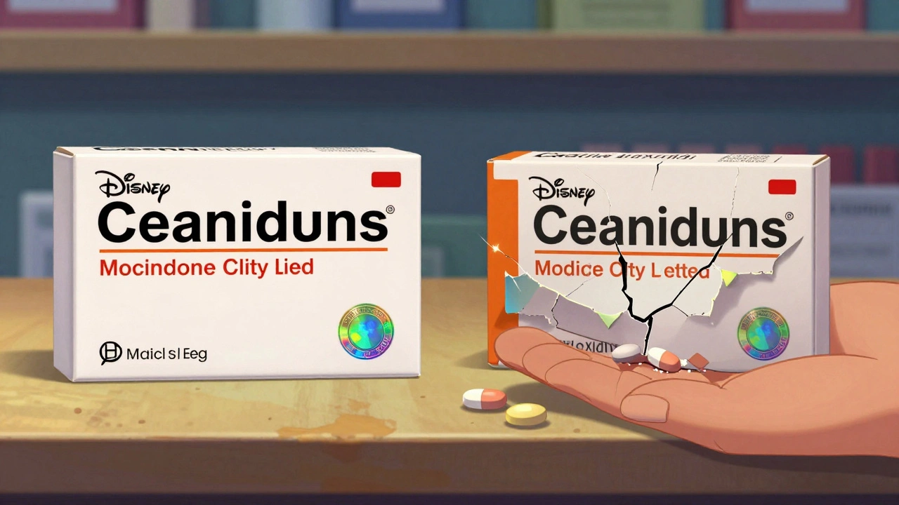 Side-by-side comparison of a real and fake medicine box, showing packaging differences in detailed Disney cartoon style.
