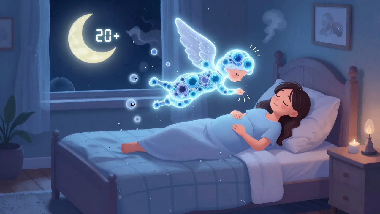 Sleeping pregnant woman protected by a glowing oxygen guardian angel warding off asthma triggers.
