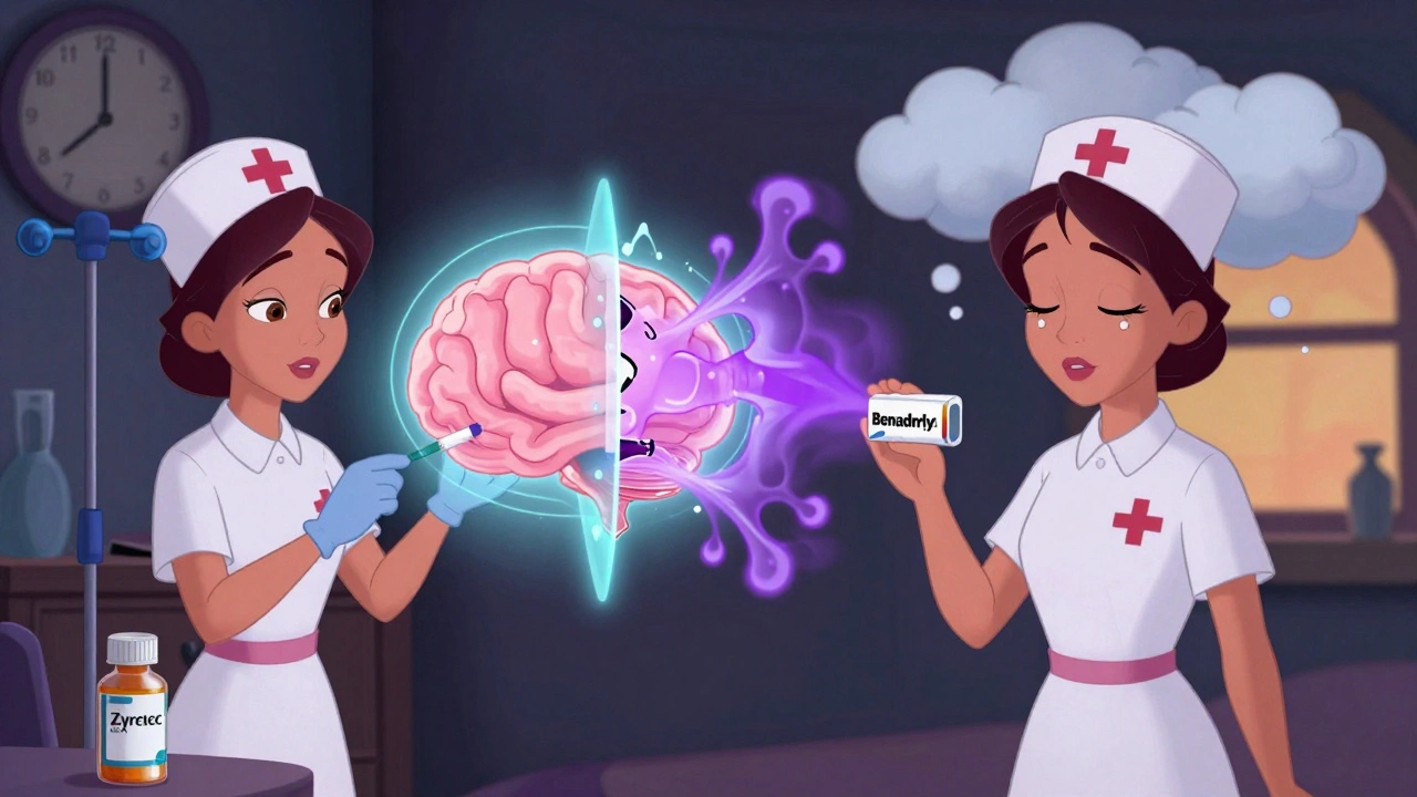 Split scene: a nurse safely administering IV with non-sedating allergy medicine, contrasted with her earlier drowsy state using Benadryl.