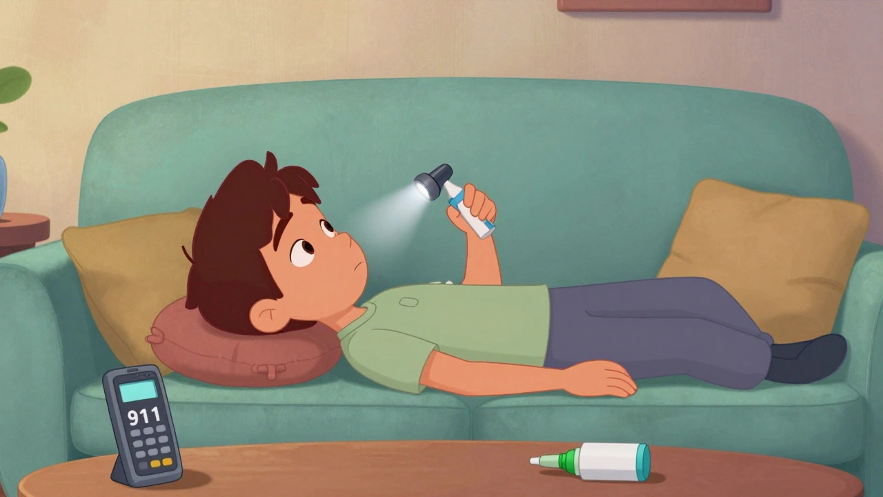 Teen administering naloxone spray to an unresponsive person on the sofa, flashlight near eye.