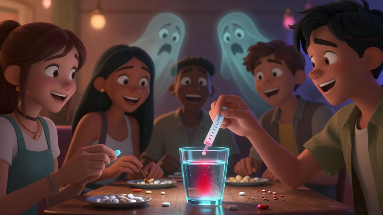 Teens at a party pass pills while one uses a test strip that glows red with a fentanyl warning.