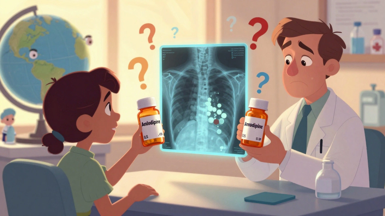 Two identical pill bottles with different internal fillers revealed in an X-ray, shown to a worried patient in Disney cartoon style.