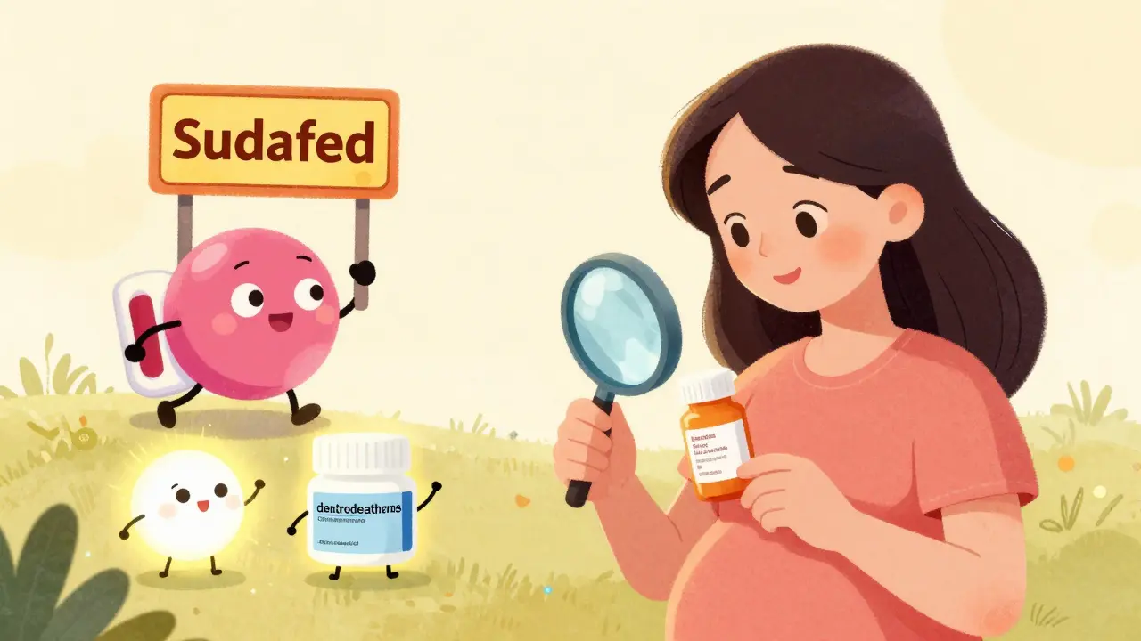 Woman reading medicine label with magnifying glass, unsafe decongestant sneaking away.