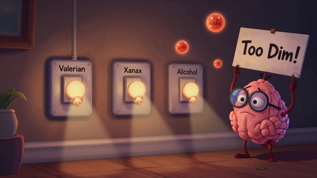 A brain as a living room with three dimmer switches turning off lights, representing additive CNS depression.