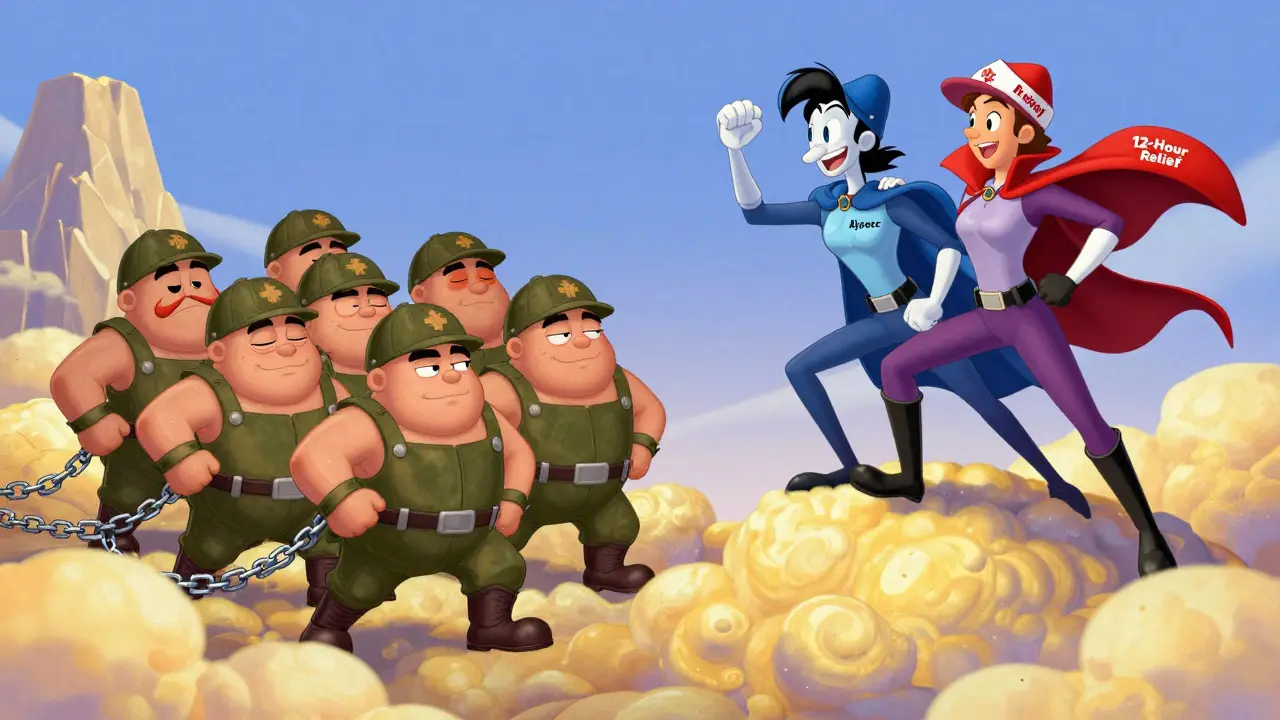 A cartoon battle between old and new antihistamine pills in a pollen-filled sky.