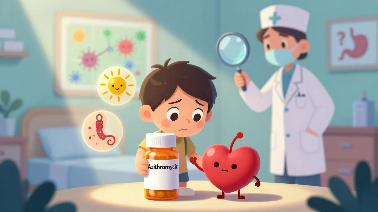 A child holds an azithromycin bottle as cartoon symbols of heart and tendon side effects float nearby in a soft hospital setting.