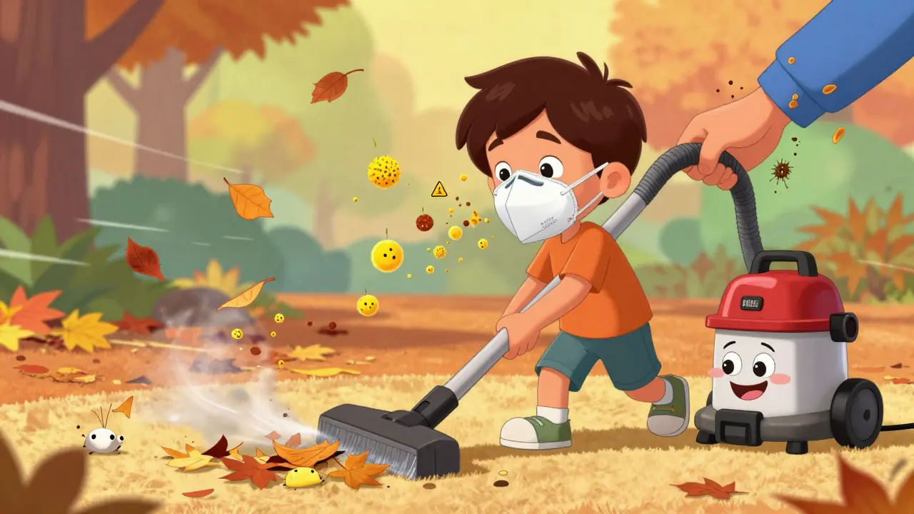 A child wears an N95 mask while raking leaves, with pollen particles bouncing off the mask.