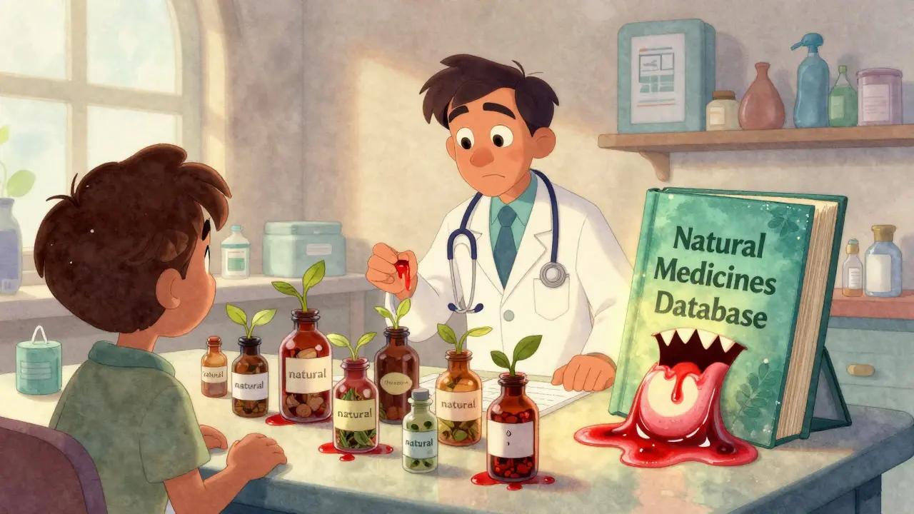 A doctor and pharmacist helping a patient avoid dangerous herbal bottles in a bright clinic.