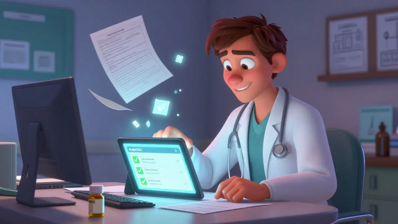 A doctor and staff use a glowing tablet to check real-time insurance approval status in a clinic.