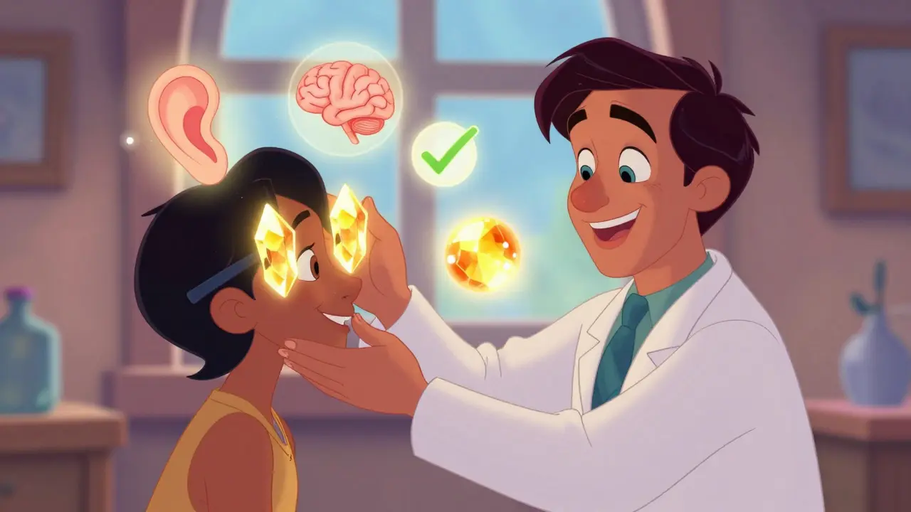 A doctor performing the Epley maneuver as golden crystals float back into the inner ear, in soft Disney animation style.