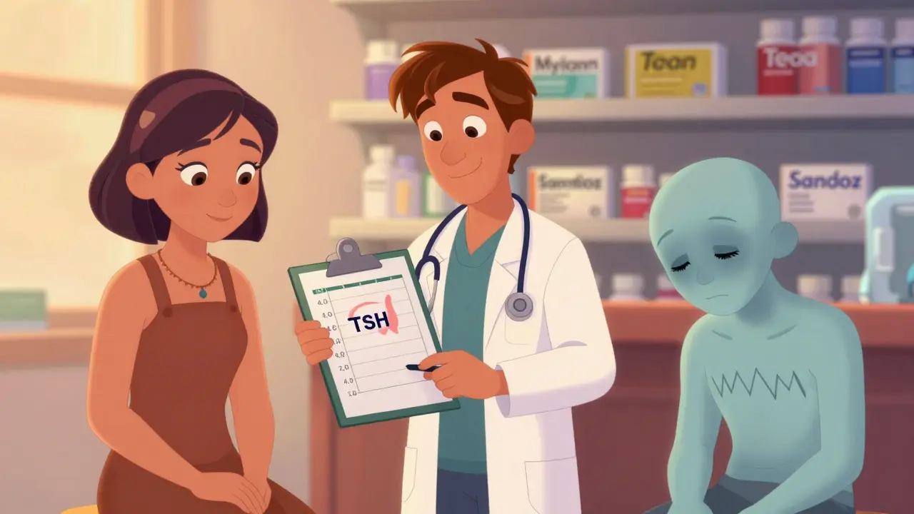 A doctor shows a TSH chart to two patients—one healthy, one unwell—with generic medication bottles in the background.