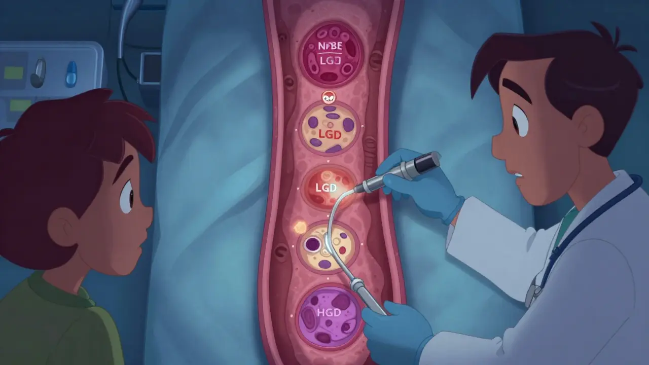 A doctor uses an endoscope to examine esophageal tissue with labeled biopsy zones in a soft cartoon style.