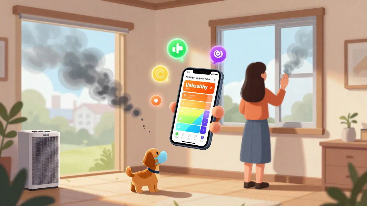 A family views an Air Quality Index on their phone, closing the window as pollution icons float around them.