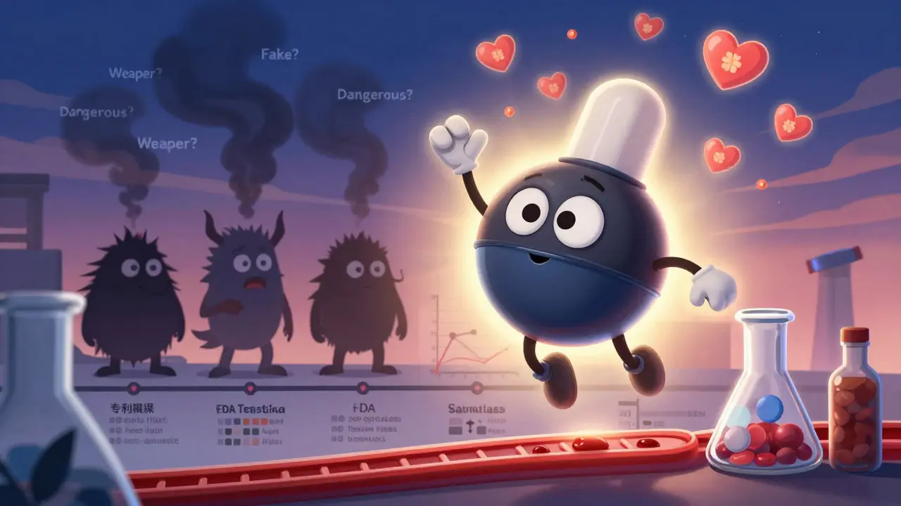 A heroic generic molecule leaping into a bloodstream as myths dissolve, with savings graphs and FDA icons in the background.