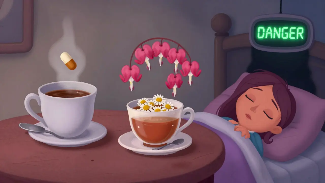 A patient's daily routine with herbal supplements causing subtle bleeding warnings in everyday scenes.