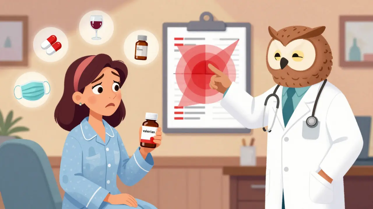 A patient in pajamas with supplements, surrounded by warning icons, talking to a doctor owl in a clinic.