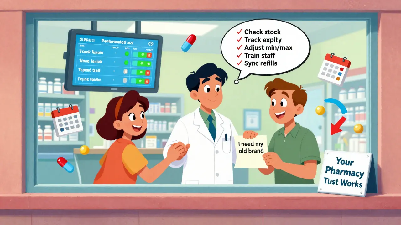 A patient receives synced monthly generics while a pharmacist checks supplier performance and stock levels.