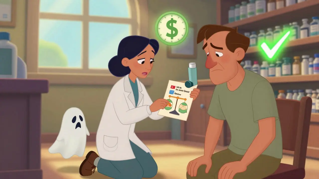 A pharmacist helps a patient understand generic substitution using a simple illustrated handout in a sunlit pharmacy.