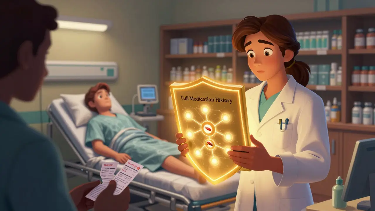 A pharmacist shields a patient with their full medication history, while fragmented prescriptions fade into shadow behind them.