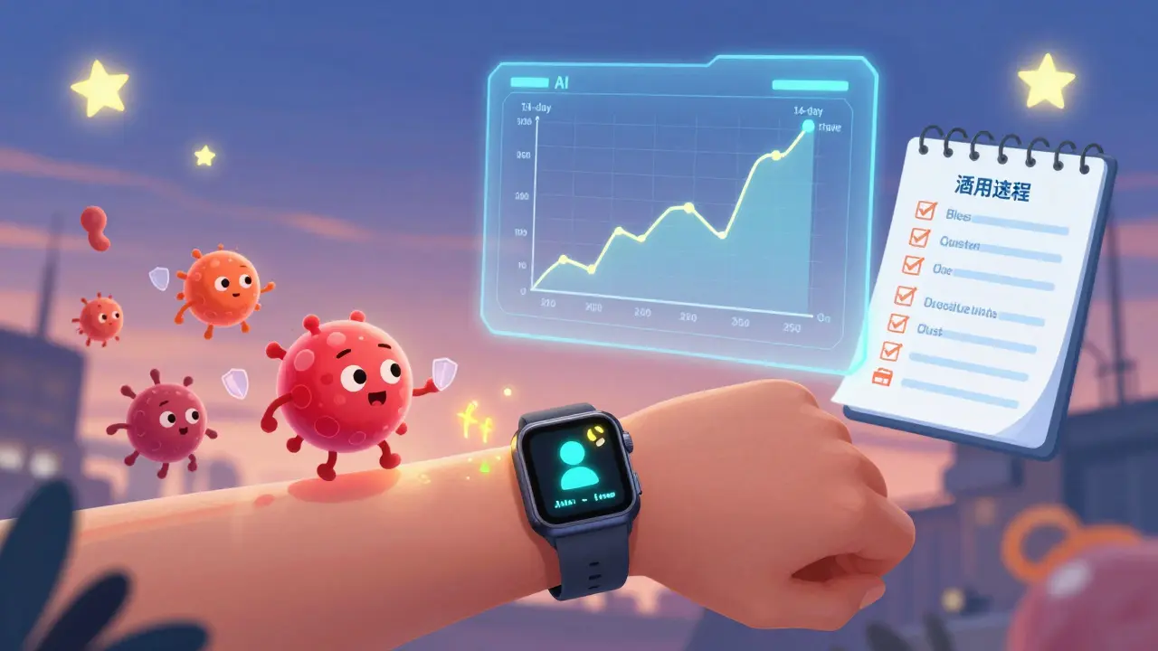 A smartwatch alerts a patient as cartoon immune cells swarm, with AI flare prediction and lab checklist floating nearby in Disney style.