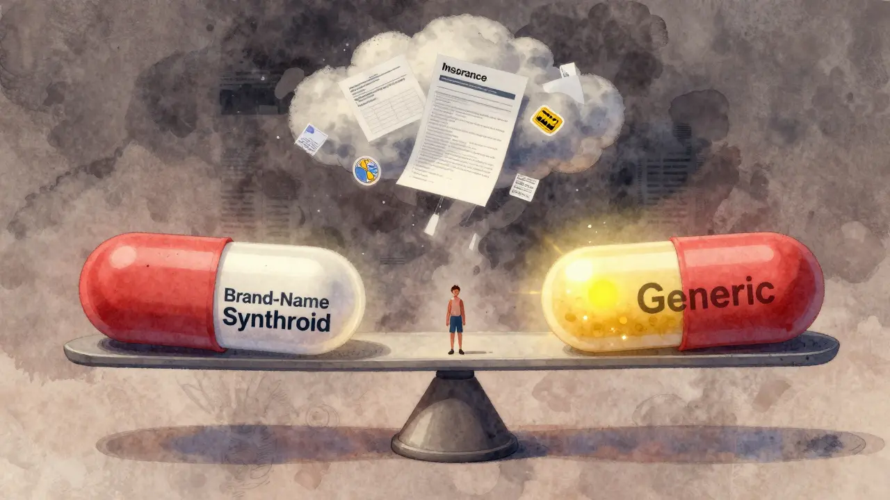 A tiny person balances on a scale between brand-name and generic thyroid pills, with a flickering thyroid below.