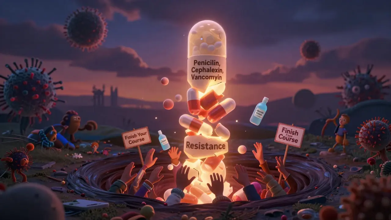 A tower of antibiotics crumbles into a resistance vortex while hands rebuild it with probiotics and health signs under a hopeful sky.