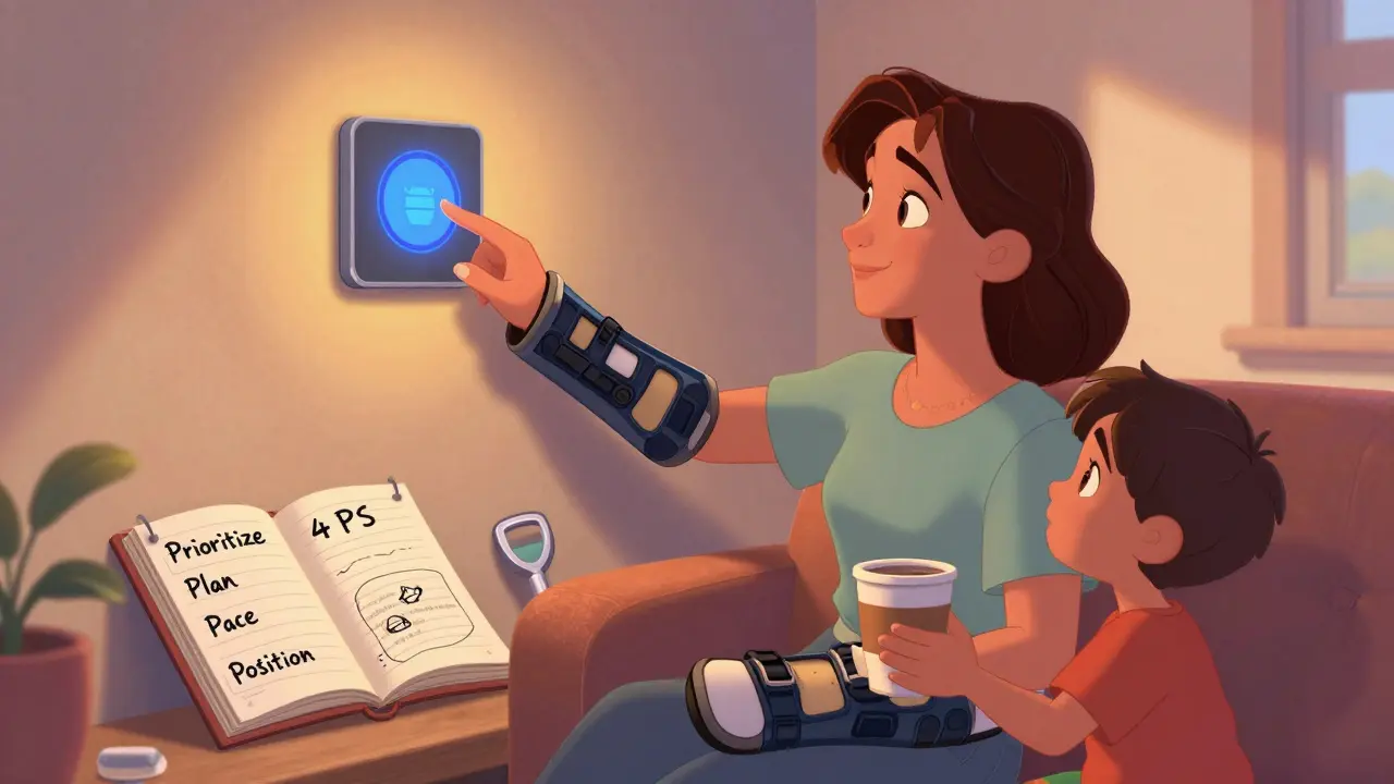 A woman using voice controls to manage her home environment, wearing a splint, with her grandchild nearby and activity diary visible.