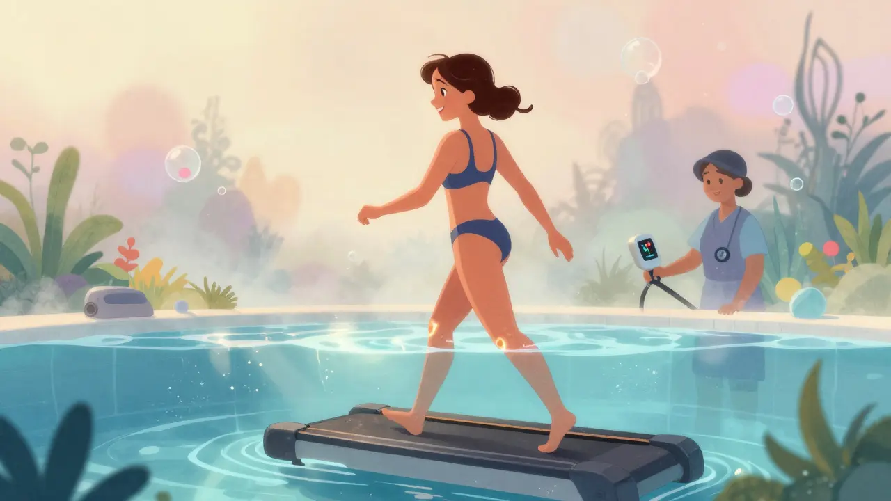A woman walking on an underwater treadmill in a soothing hydrotherapy pool, with therapist monitoring her vitals.