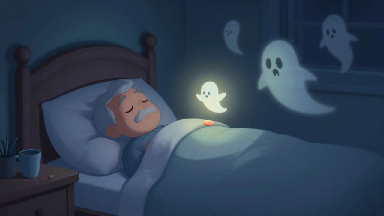 An elderly person sleeping peacefully with a glowing antihistamine pill floating above their nightstand.