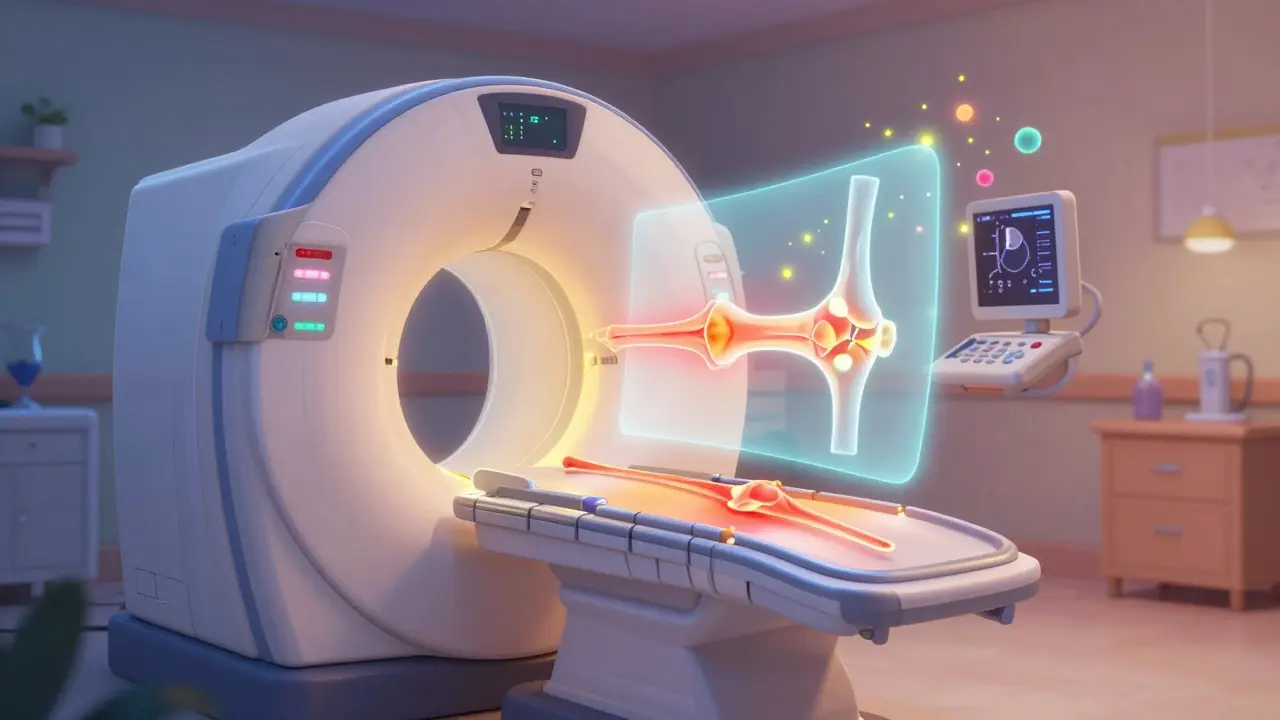 An MRI projects heat waves inside a joint as microbubbles glow like fireflies, shown in whimsical Disney cartoon style.