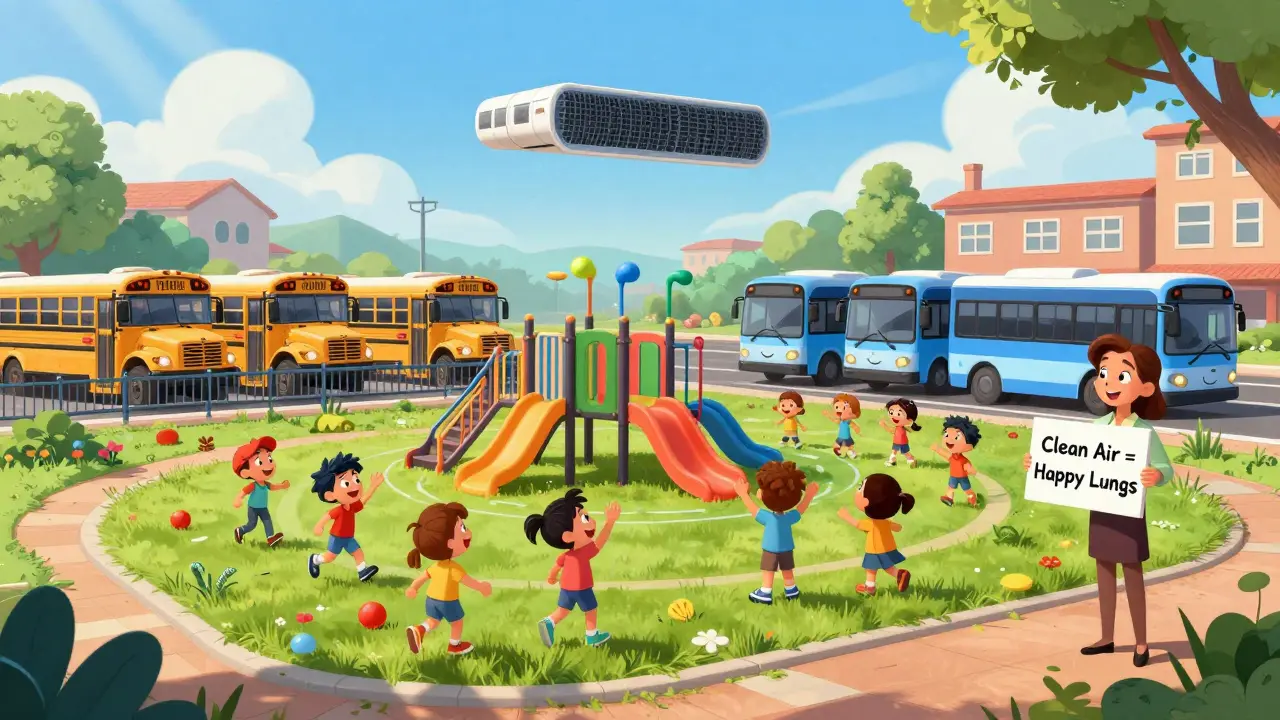 Children play on a new school playground far from traffic, with electric buses replacing diesel ones.